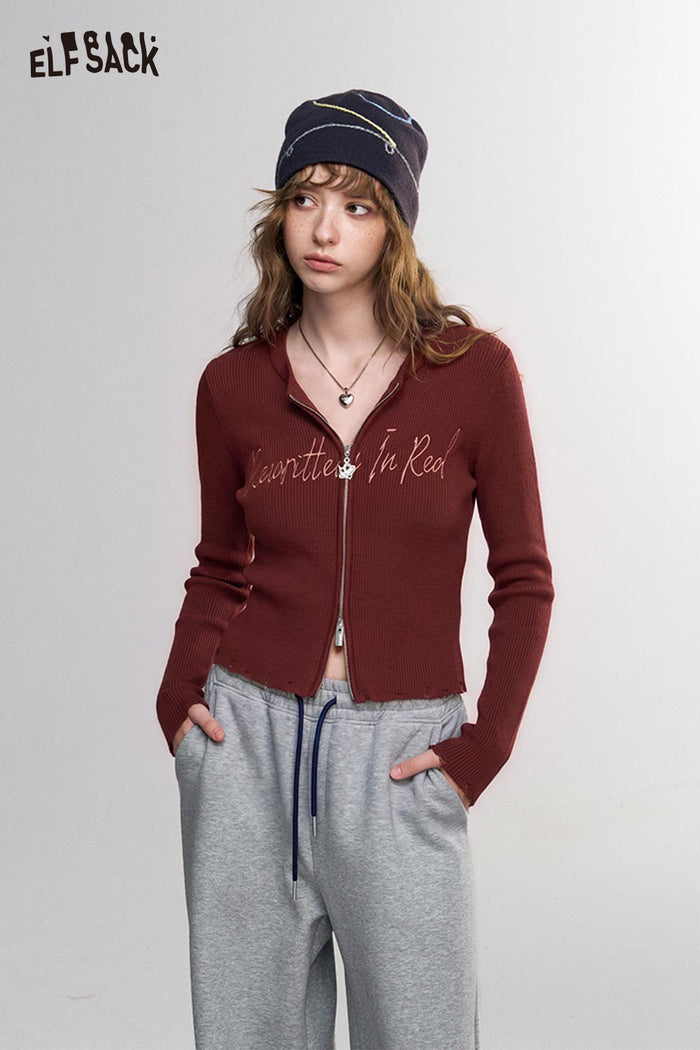 Cropped Long Sleeve Zip Up Knit Cardigan with Letter Print