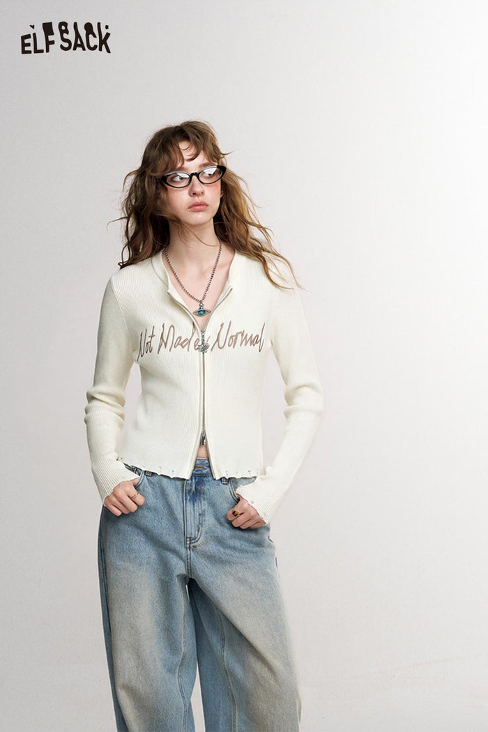 Cropped Long Sleeve Zip Up Knit Cardigan with Letter Print