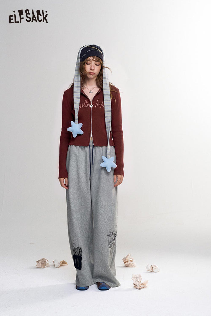 Cropped Long Sleeve Zip Up Knit Cardigan with Letter Print