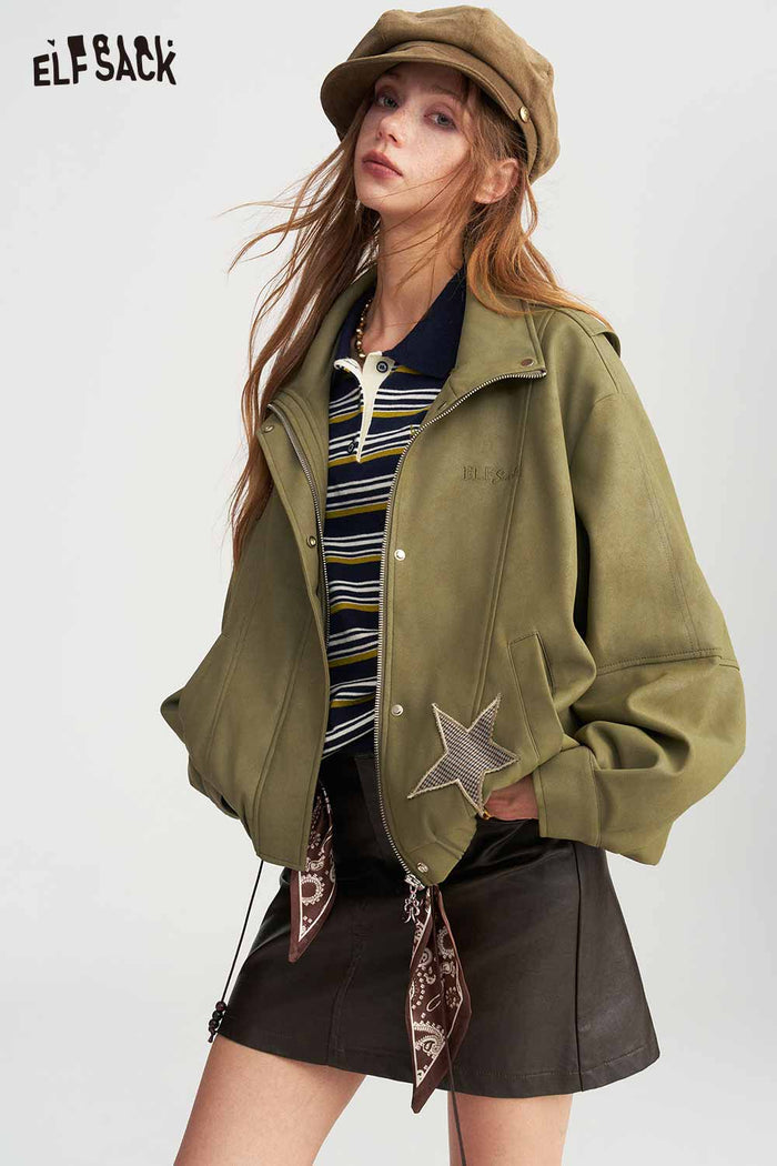 Cropped Stand Collar Star Pattern Jacket