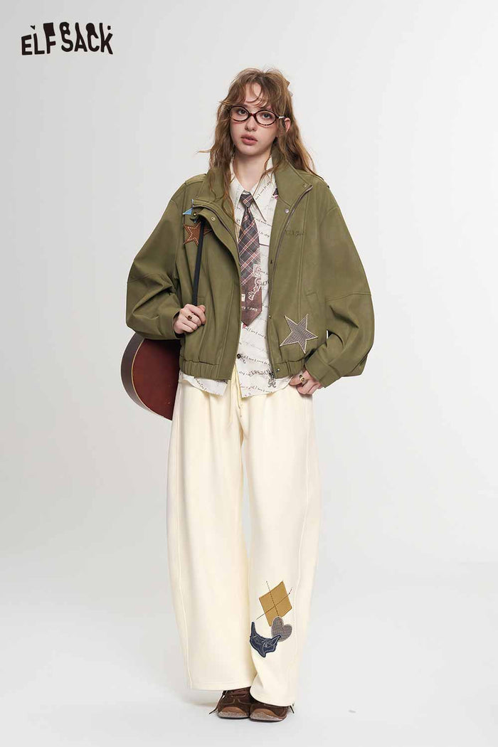 Cropped Stand Collar Star Pattern Jacket