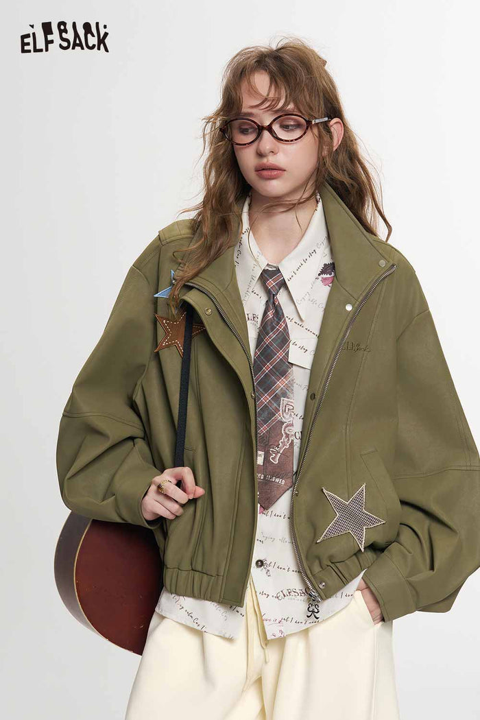 Cropped Stand Collar Star Pattern Jacket