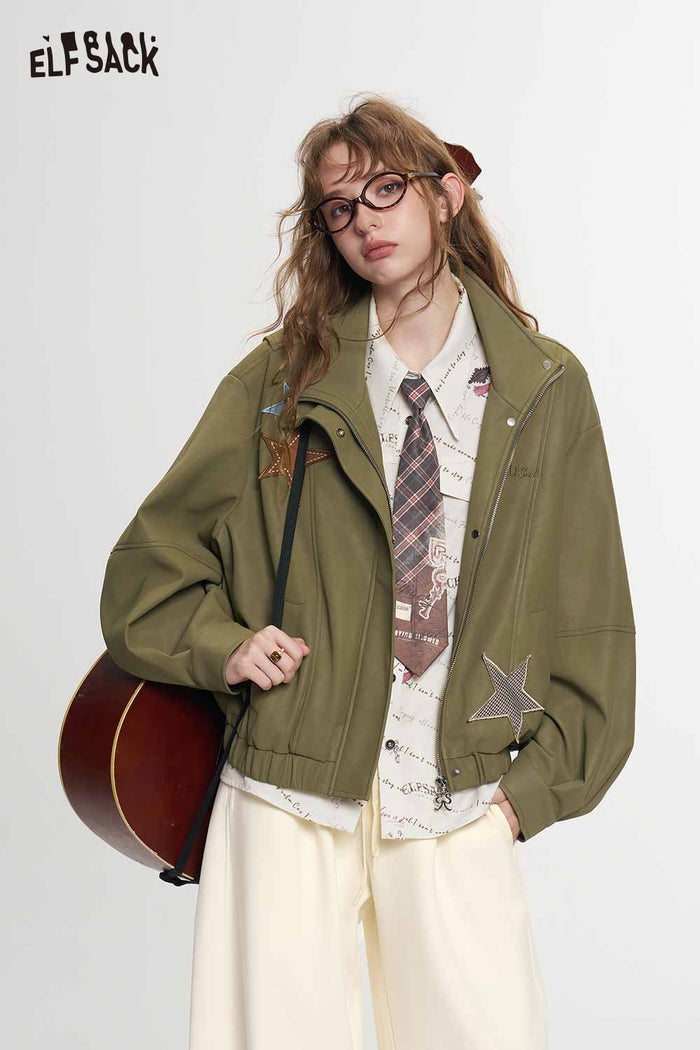 Cropped Stand Collar Star Pattern Jacket