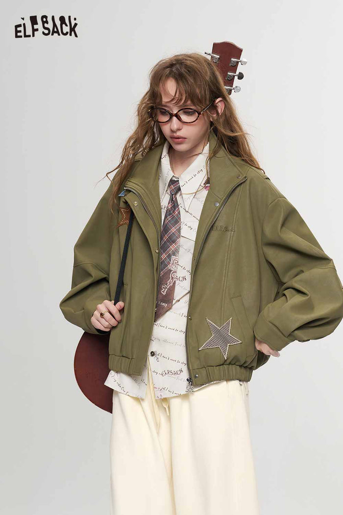 Cropped Stand Collar Star Pattern Jacket