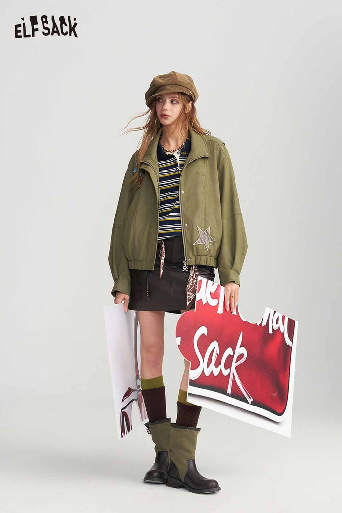 Cropped Stand Collar Star Pattern Jacket