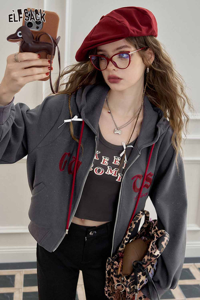 Cropped Zip Hooded Jacket Embroidery