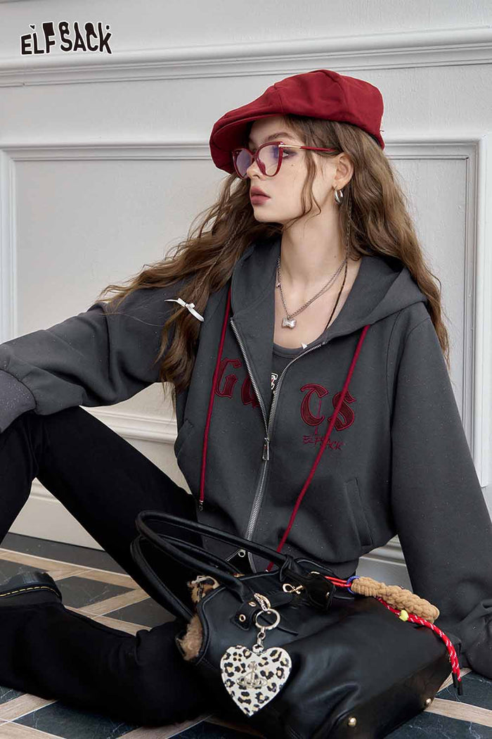 Cropped Zip Hooded Jacket Embroidery