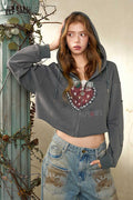 Cropped Zip Up Hoodie with Strawberry Bow Print