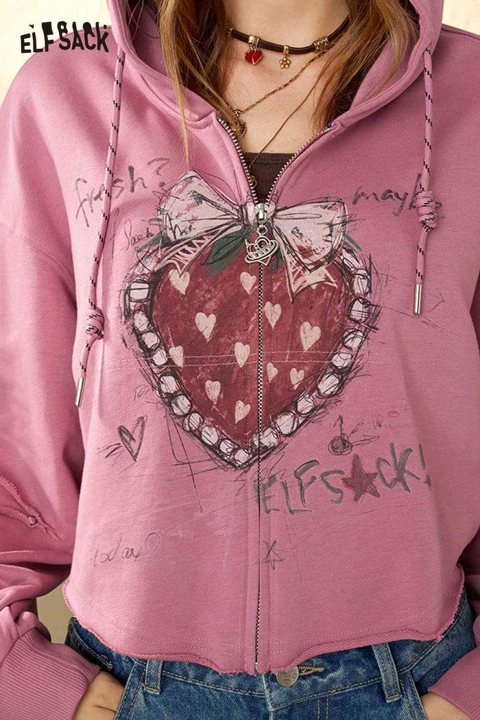 Cropped Zip Up Hoodie with Strawberry Bow Print