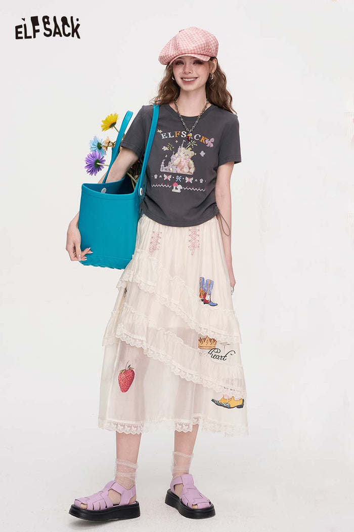 ELFSACK Cross-Stitch Bear Drawstring Ruched Tee
