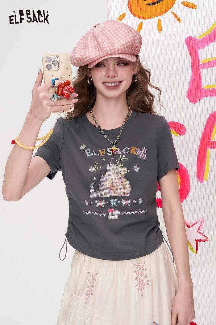 ELFSACK Cross-Stitch Bear Drawstring Ruched Tee