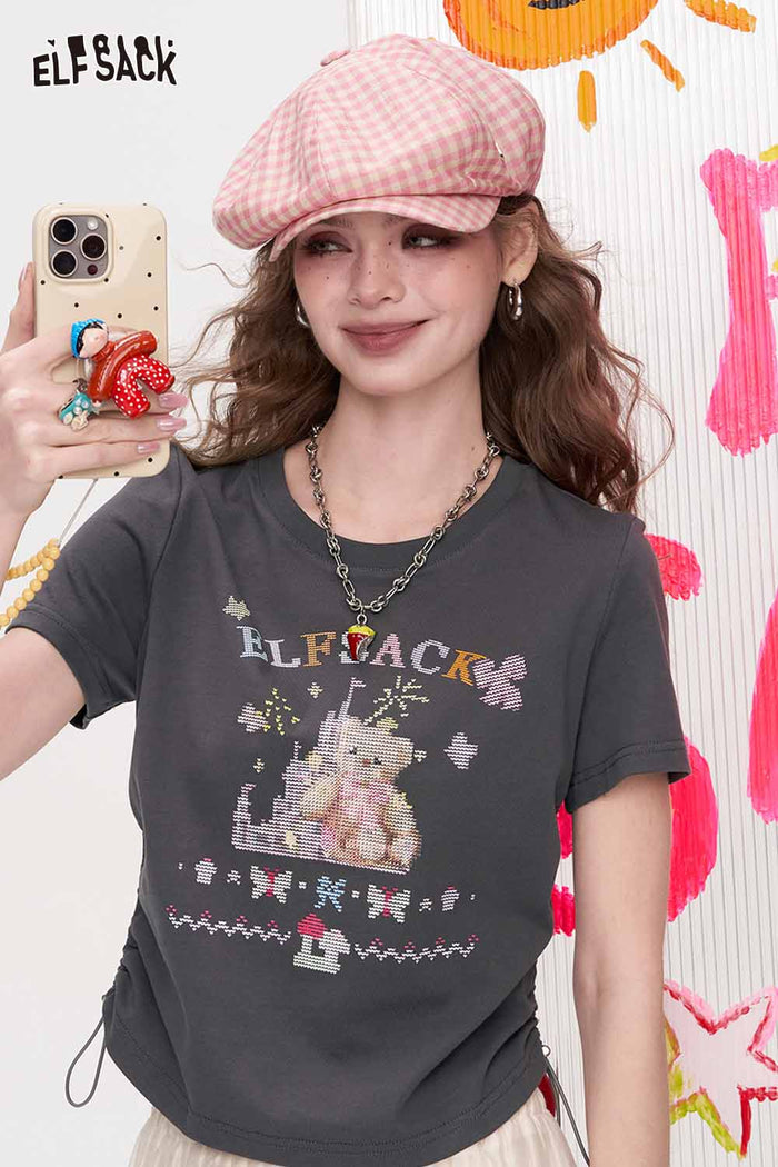 ELFSACK Cross-Stitch Bear Drawstring Ruched Tee