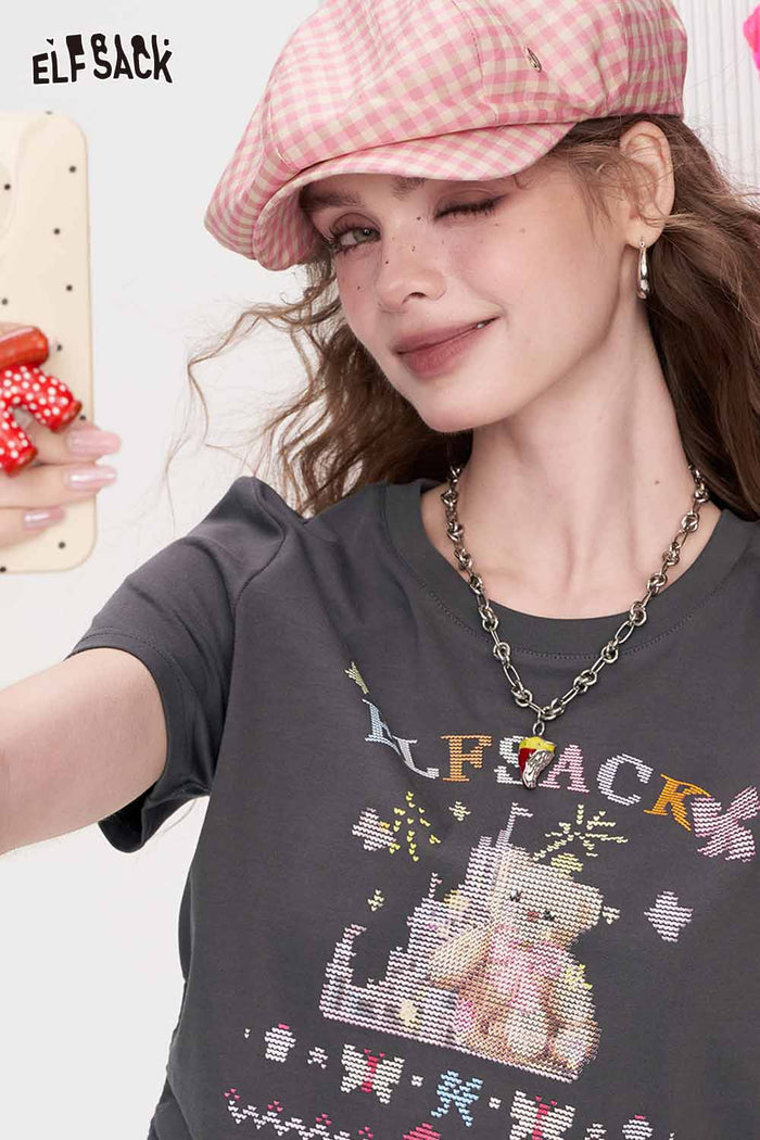 ELFSACK Cross-Stitch Bear Drawstring Ruched Tee