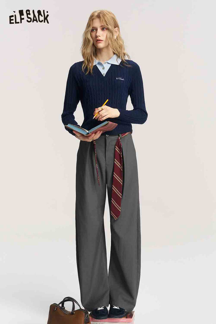 Curved Suit Pants with Detachable Striped Belt