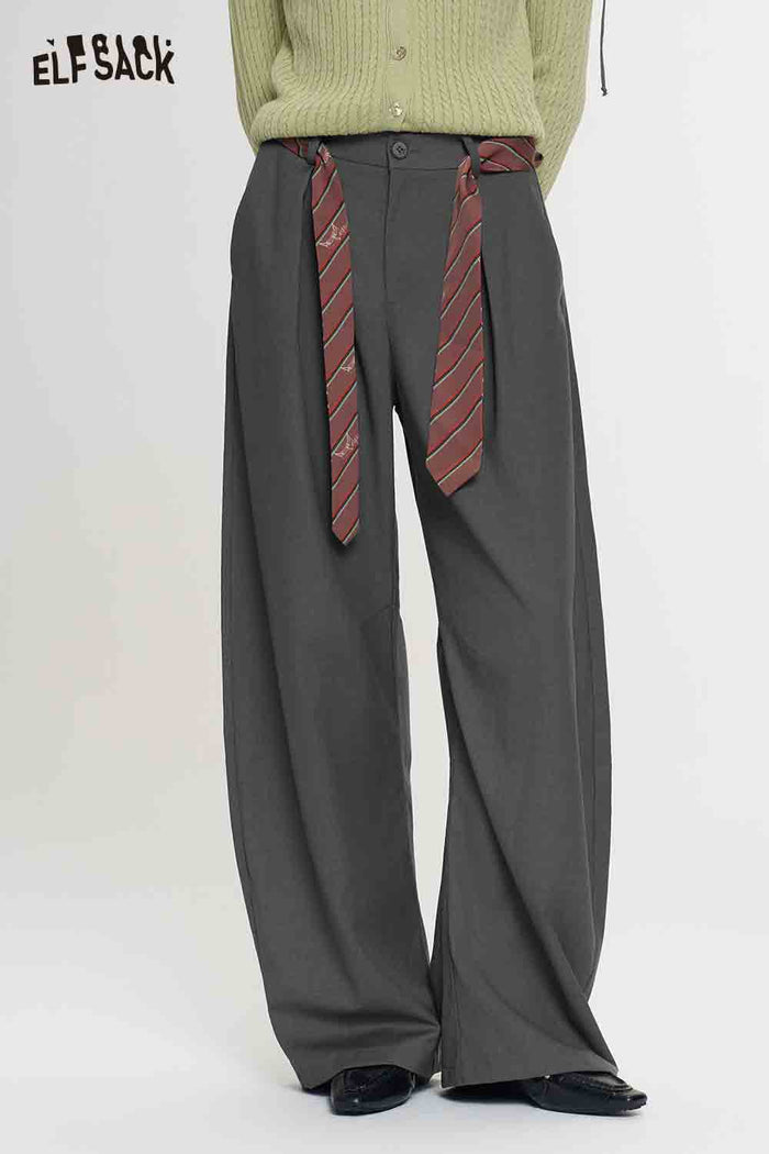 Curved Suit Pants with Detachable Striped Belt