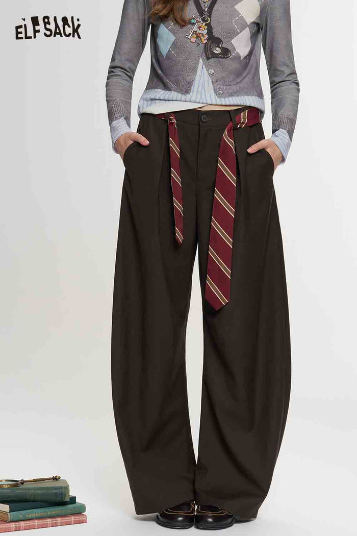 Curved Suit Pants with Detachable Striped Belt