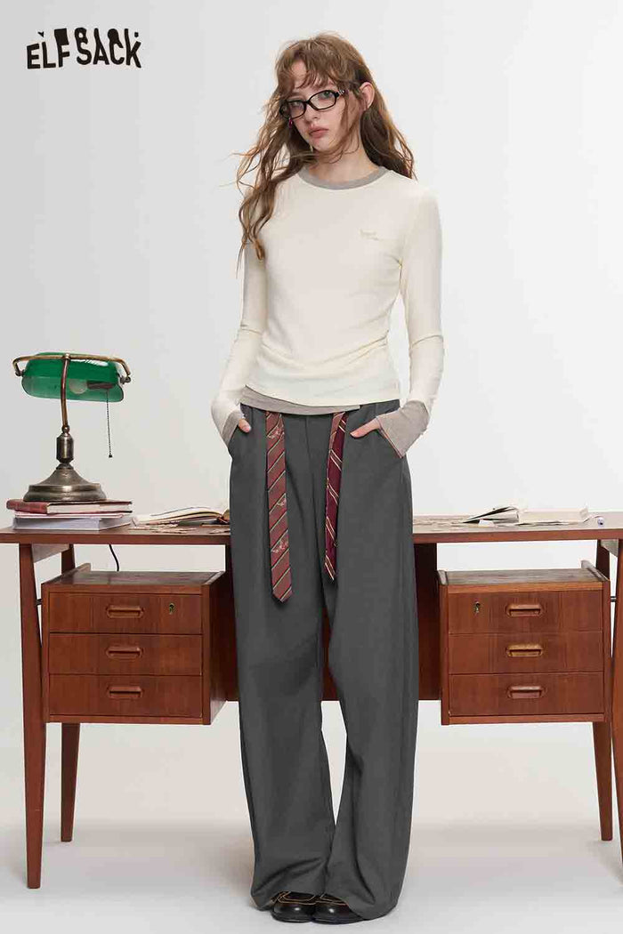 Curved Suit Pants with Detachable Striped Belt