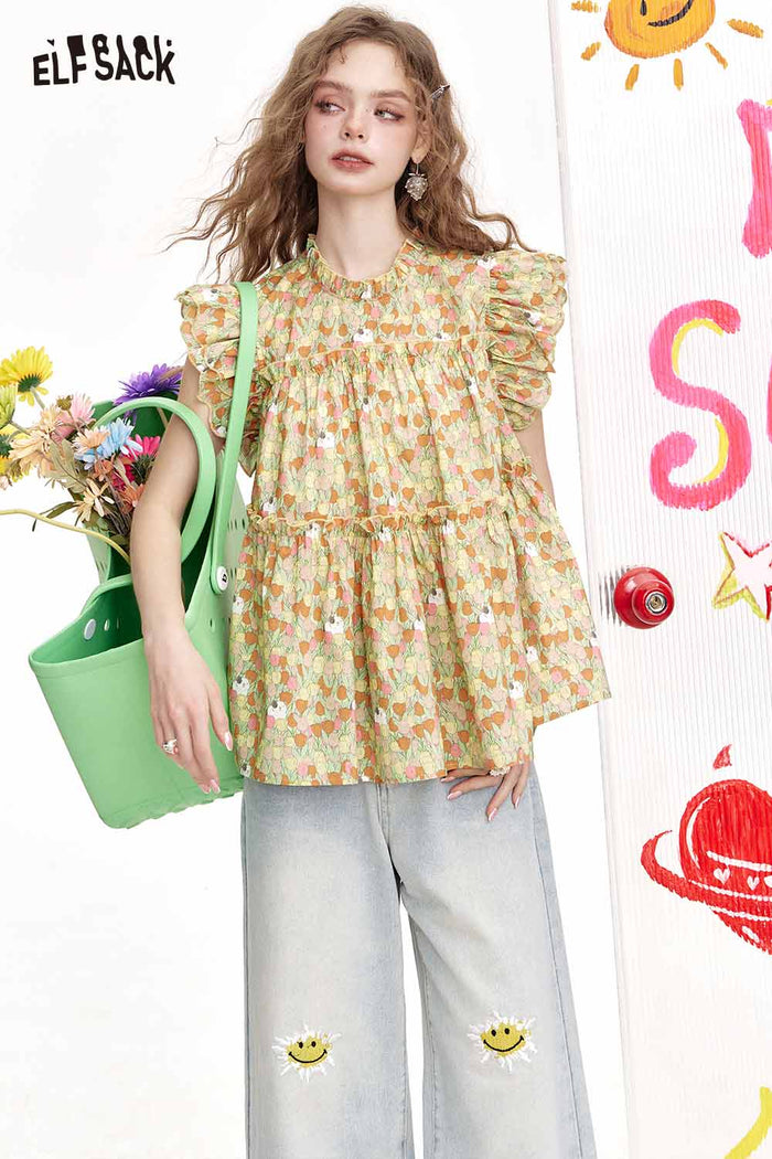 ELFSACK Cute All Over Floral Flutter Sleeve Sweet Blouse