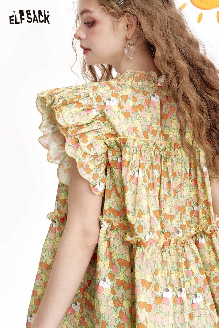 ELFSACK Cute All Over Floral Flutter Sleeve Sweet Blouse