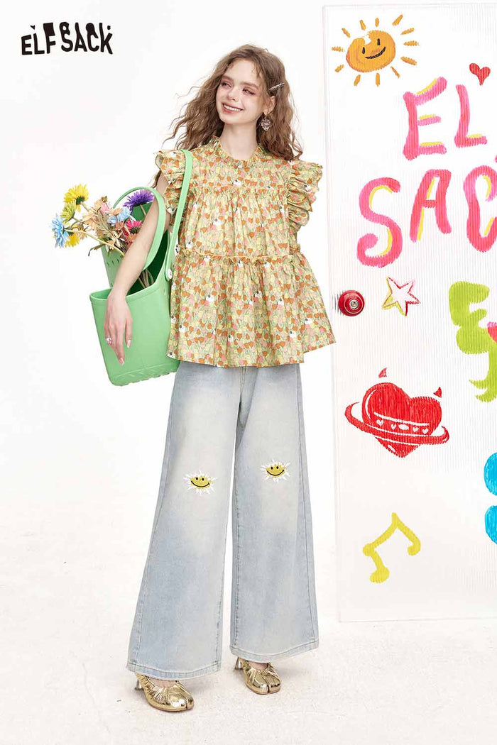ELFSACK Cute All Over Floral Flutter Sleeve Sweet Blouse