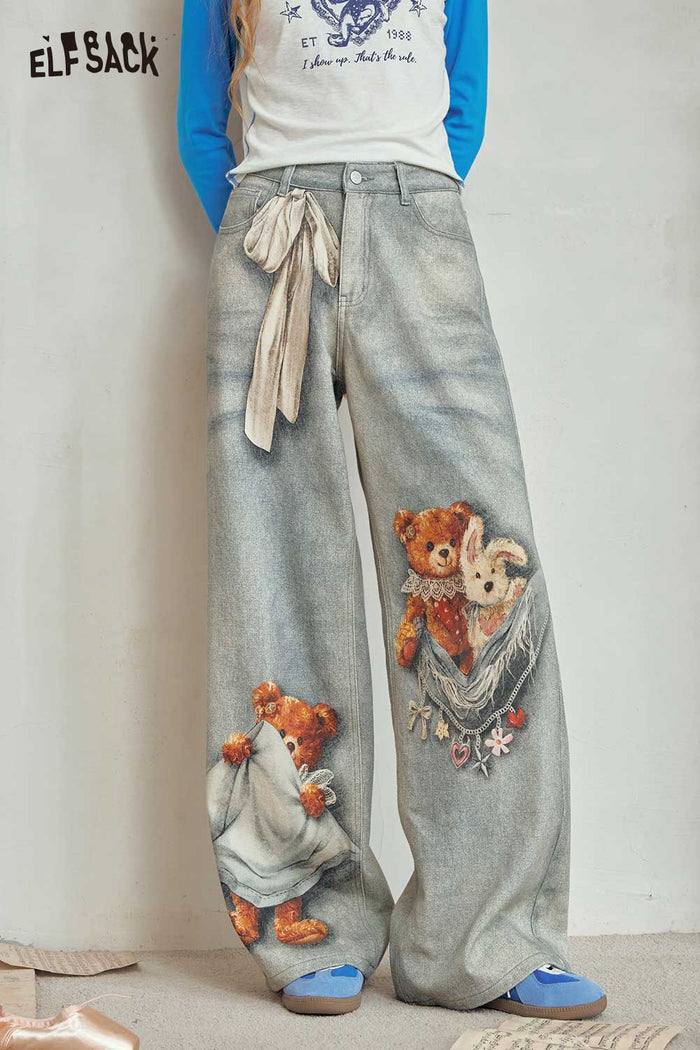 Cute Bear Print Loose Wide Leg Jeans