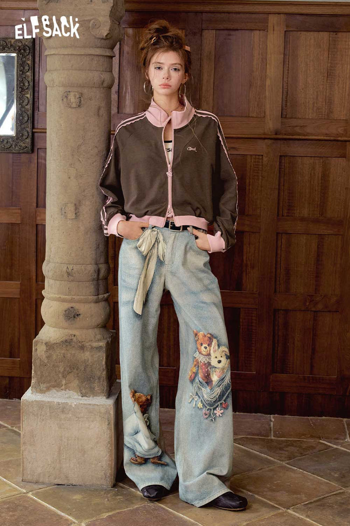 Cute Bear Print Loose Wide Leg Jeans