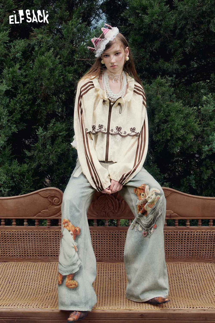 Cute Bear Print Loose Wide Leg Jeans