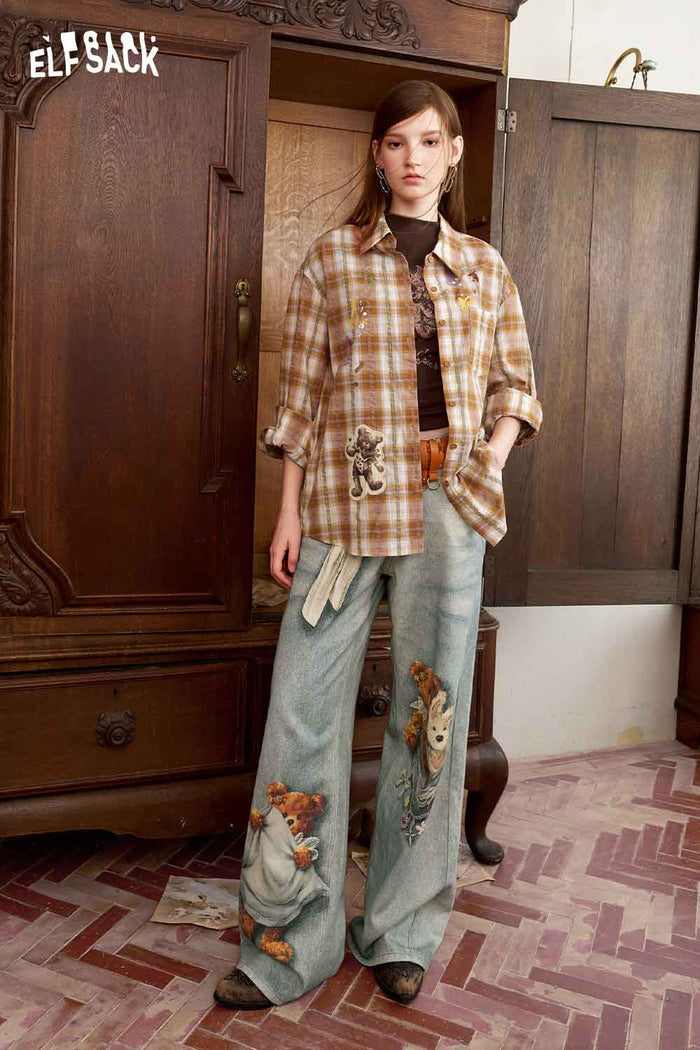 Cute Bear Print Loose Wide Leg Jeans