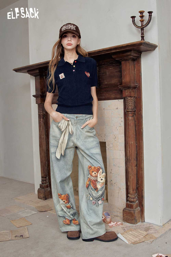 Cute Bear Print Loose Wide Leg Jeans