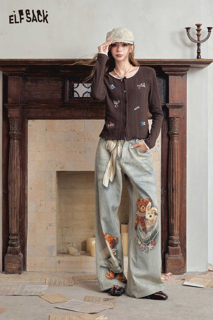 Cute Bear Print Loose Wide Leg Jeans