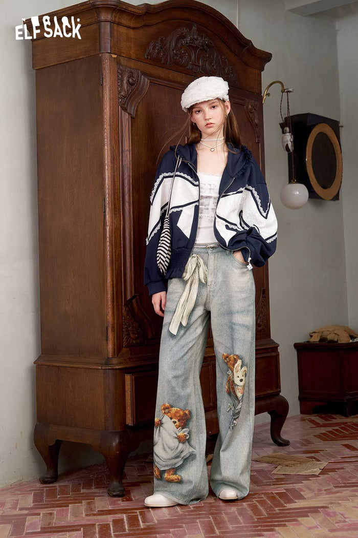 Cute Bear Print Loose Wide Leg Jeans