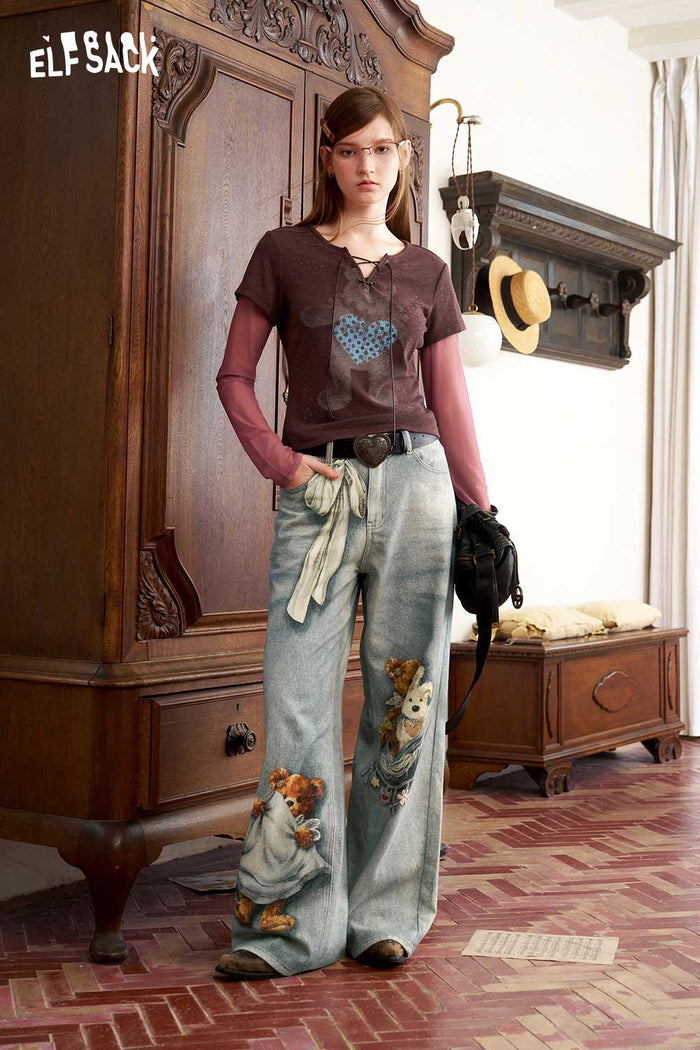 Cute Bear Print Loose Wide Leg Jeans