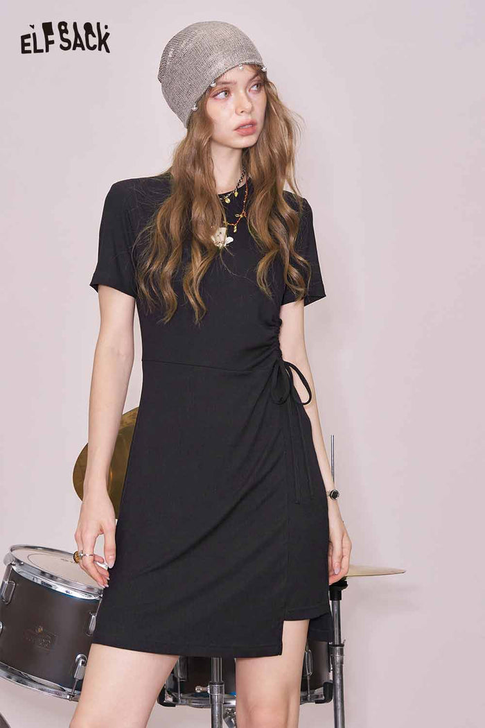 ELFSACK Cute Black Graphic Shirred Short Sleeve Tshirt Slim Dress
