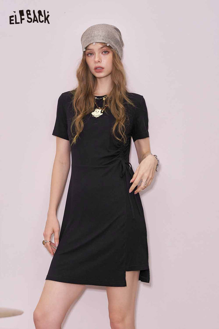 ELFSACK Cute Black Graphic Shirred Short Sleeve Tshirt Slim Dress