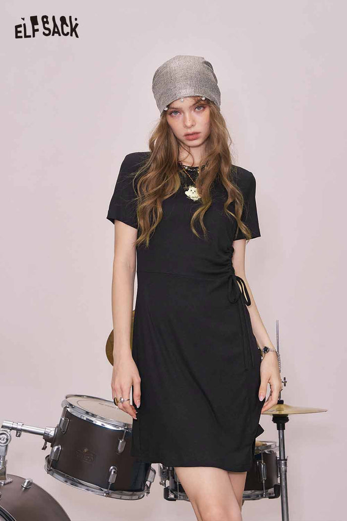 ELFSACK Cute Black Graphic Shirred Short Sleeve Tshirt Slim Dress
