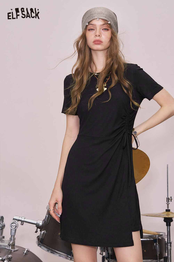 ELFSACK Cute Black Graphic Shirred Short Sleeve Tshirt Slim Dress