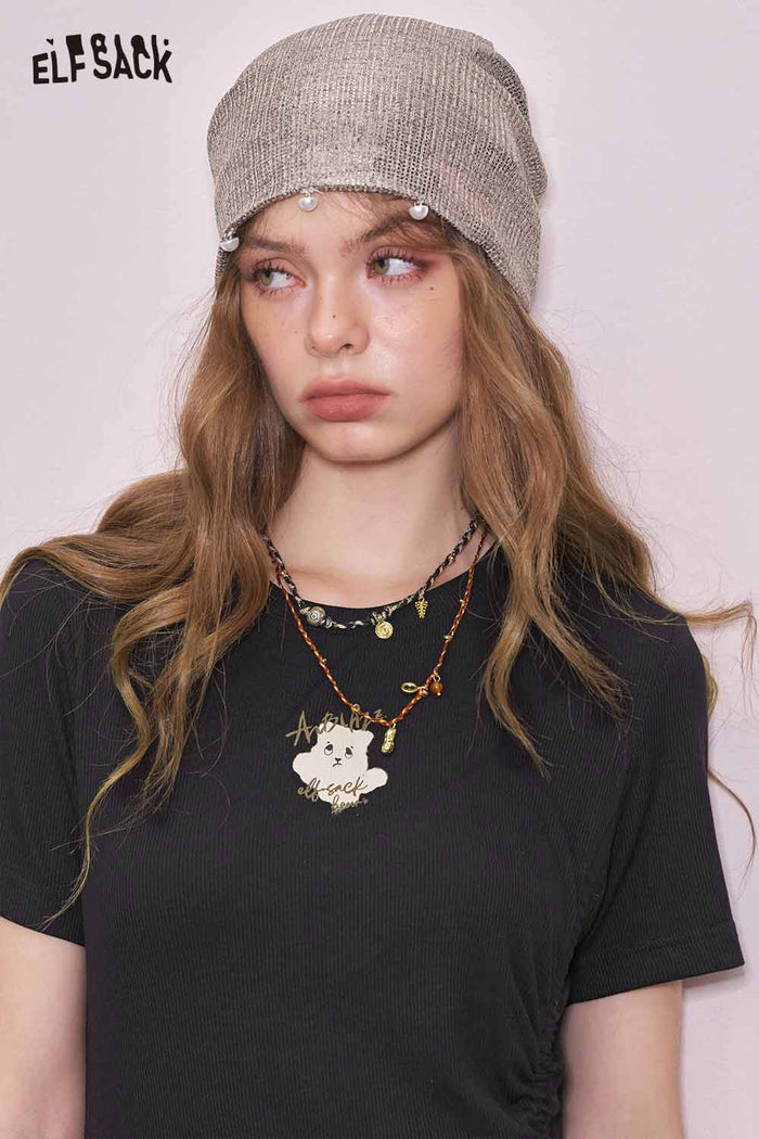ELFSACK Cute Black Graphic Shirred Short Sleeve Tshirt Slim Dress