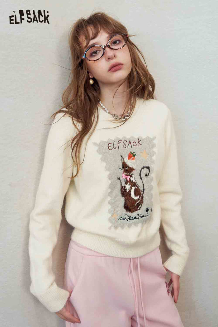 Cute Cat Print Knit Pullover Sweater