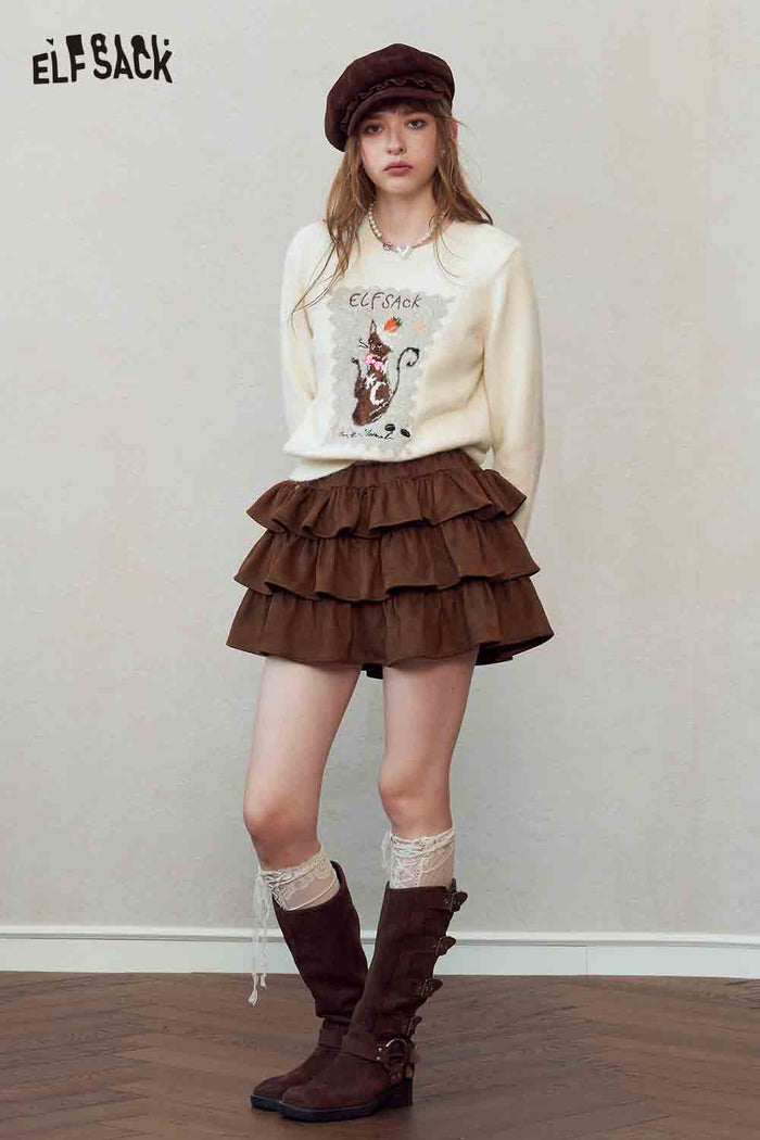 Cute Cat Print Knit Pullover Sweater