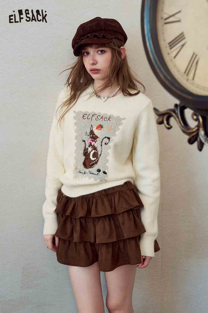 Cute Cat Print Knit Pullover Sweater