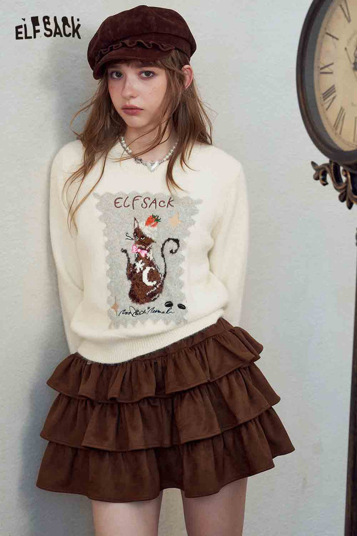 Cute Cat Print Knit Pullover Sweater