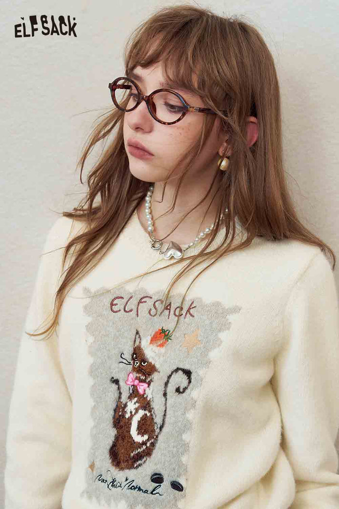 Cute Cat Print Knit Pullover Sweater