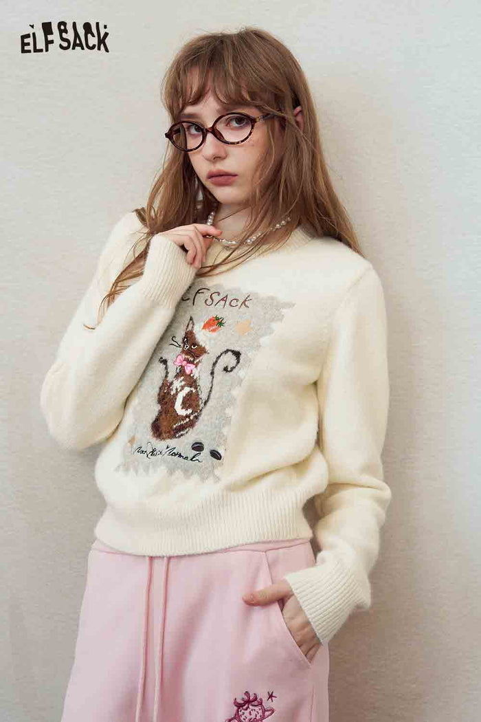 Cute Cat Print Knit Pullover Sweater