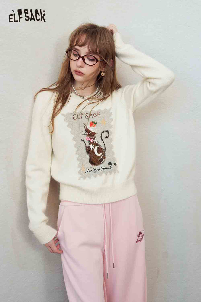 Cute Cat Print Knit Pullover Sweater