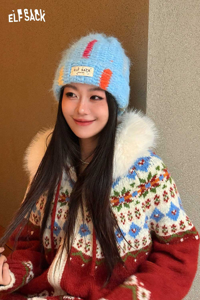 ELFSACK Cute Color Block Patch Logo Warm Knit Beanie