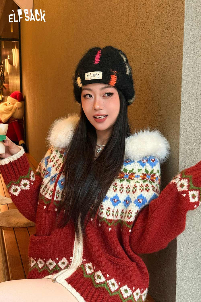 ELFSACK Cute Color Block Patch Logo Warm Knit Beanie