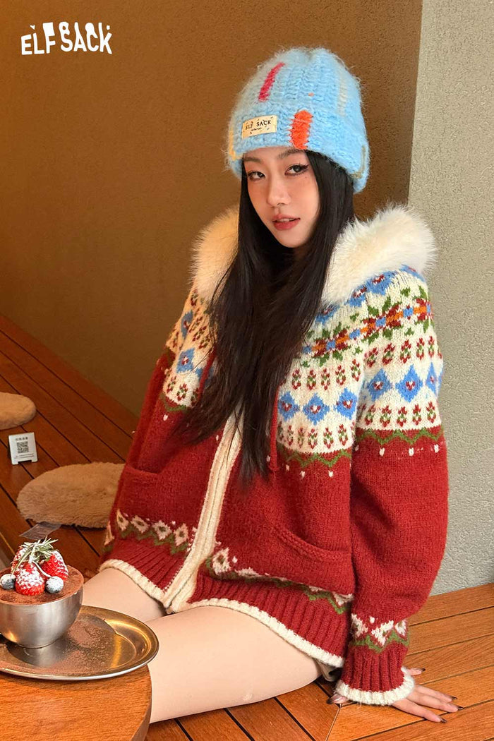 ELFSACK Cute Color Block Patch Logo Warm Knit Beanie