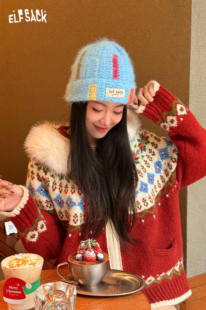 ELFSACK Cute Color Block Patch Logo Warm Knit Beanie