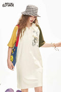 ELFSACK Cute Color Block Raglan Cat Graphic Loose Tshirt Dress