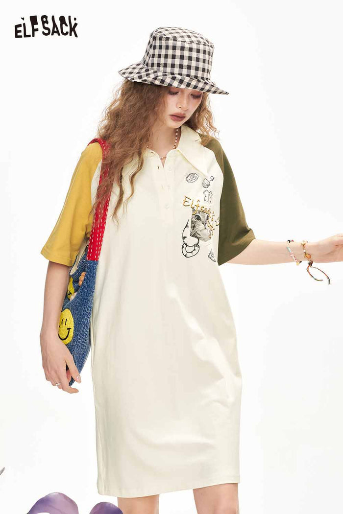 ELFSACK Cute Color Block Raglan Cat Graphic Loose Tshirt Dress